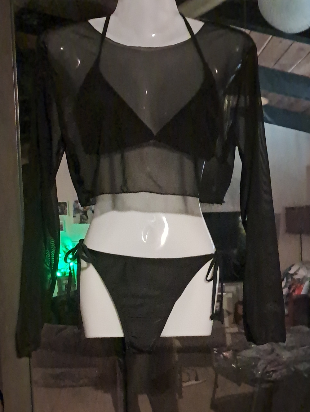 Sheer Black Mesh Cropped Cover-Up with Triangle Bikini Set
